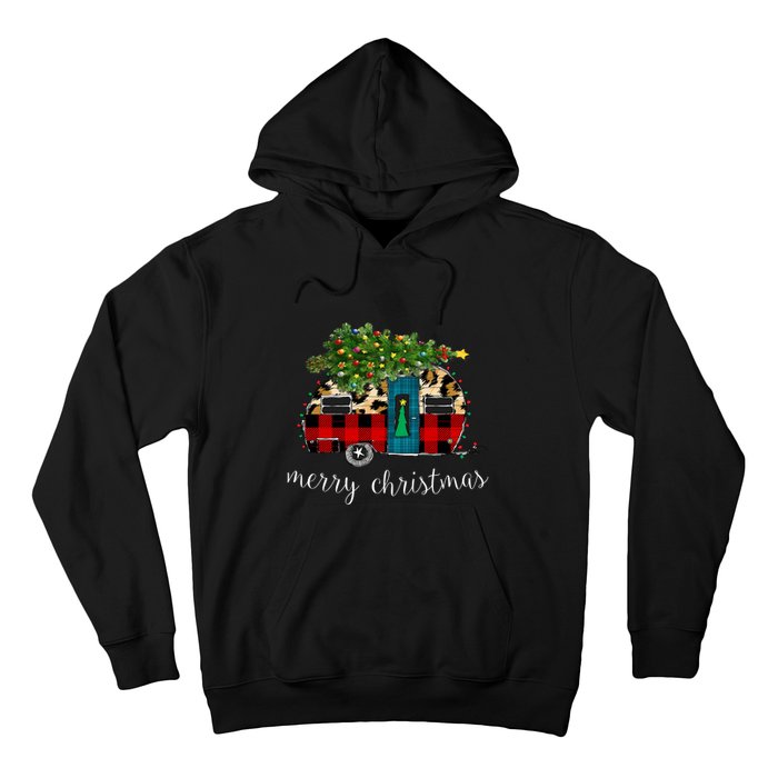 Funny Truck Camping Camper Christmas Buffalo Plaid Leopard Gift Hoodie