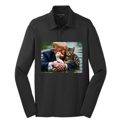 Funny Trump Cat And Duck Memes Christmas Halloween Vote Sign Silk Touch Performance Long Sleeve Polo