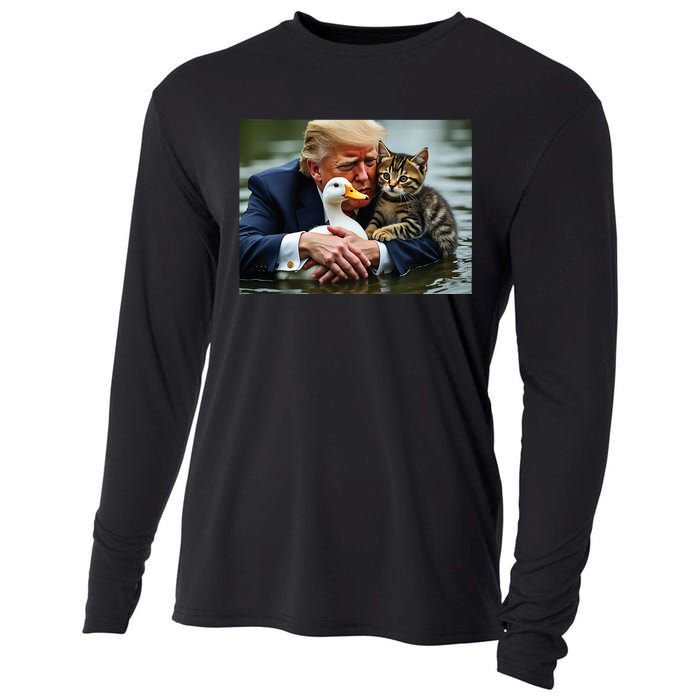 Funny Trump Cat And Duck Memes Christmas Halloween Vote Sign Cooling Performance Long Sleeve Crew