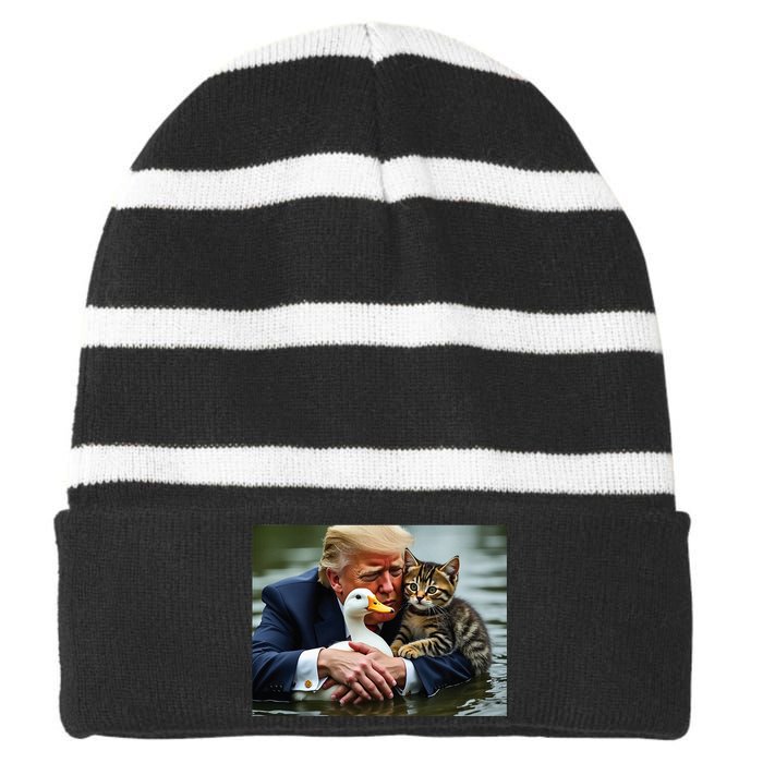 Funny Trump Cat And Duck Memes Christmas Halloween Vote Sign Striped Beanie with Solid Band