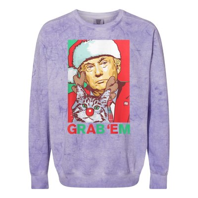 Funny Trump Cat Grab' Em Vintage Retro Christmas Trump Gift Colorblast Crewneck Sweatshirt