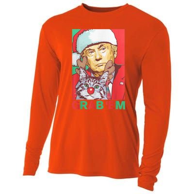 Funny Trump Cat Grab' Em Vintage Retro Christmas Trump Gift Cooling Performance Long Sleeve Crew