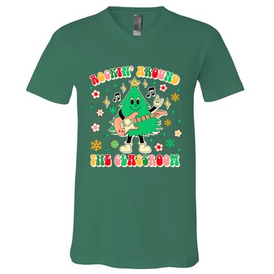 Funny Teacher Christmas Tree Vibes Rockin Around The Classroom Xmas Gift V-Neck T-Shirt