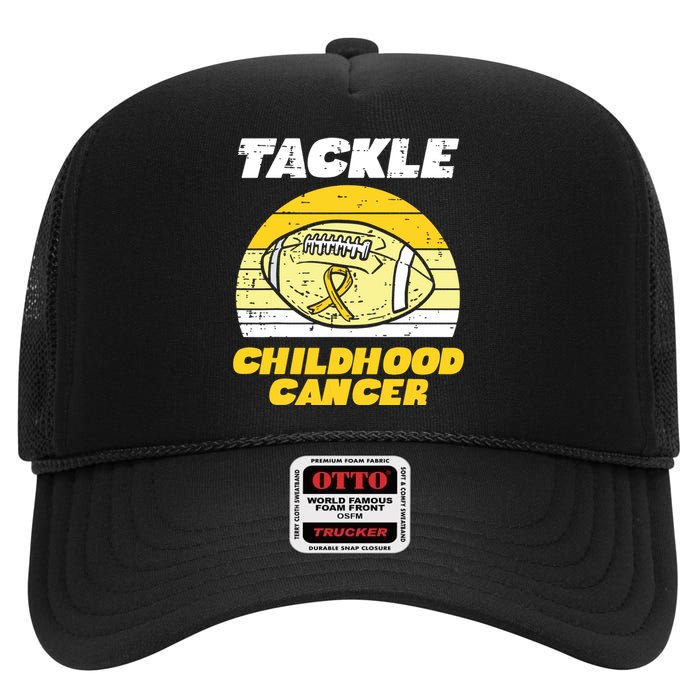 Football Tackle Childhood Cancer Retro Awareness Ribbon High Crown Mesh Back Trucker Hat