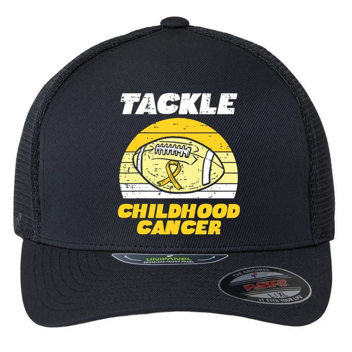 Football Tackle Childhood Cancer Retro Awareness Ribbon Flexfit Unipanel Trucker Cap