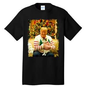 Funny Trump Christmas Sweater For Cat Lovers Xmas Pajamas Tall T-Shirt