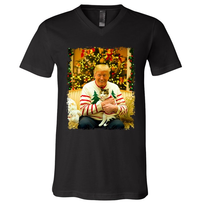 Funny Trump Christmas Sweater For Cat Lovers Xmas Pajamas V-Neck T-Shirt