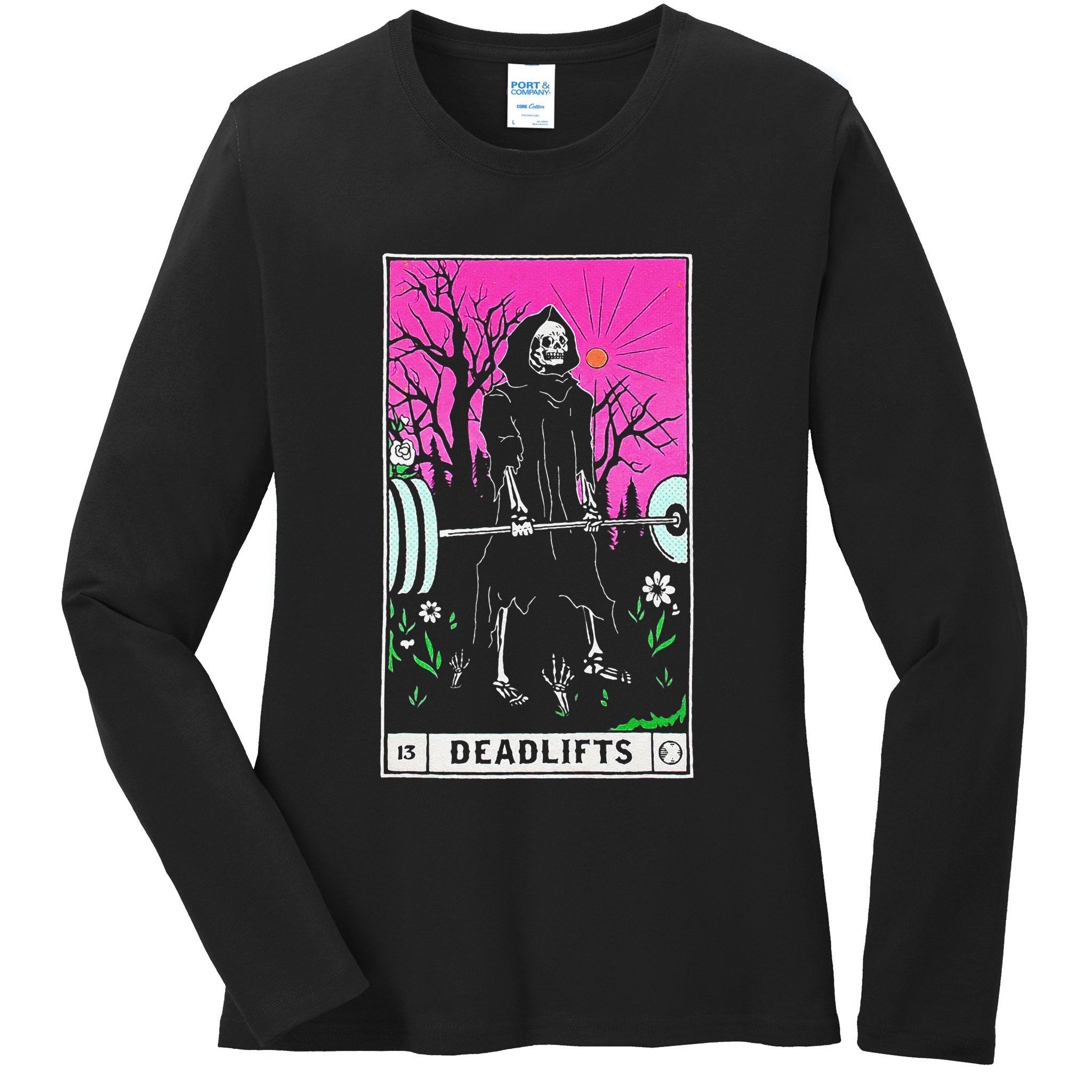 Funny Tarot Card Deadlifts Gym Workout Occult Reader Black Ladies Long Sleeve Shirt