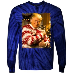 Funny Trump Christmas Sweater For Cat Lovers Xmas Pajamas Tie-Dye Long Sleeve Shirt