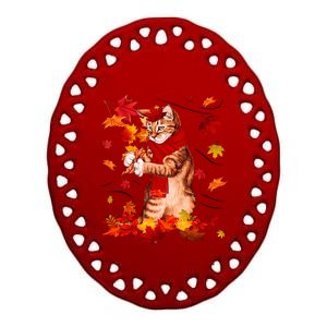 Funny Thanksgiving Cats Autumn Fall Cat Lovers Cat Mom Gift Ceramic Oval Ornament