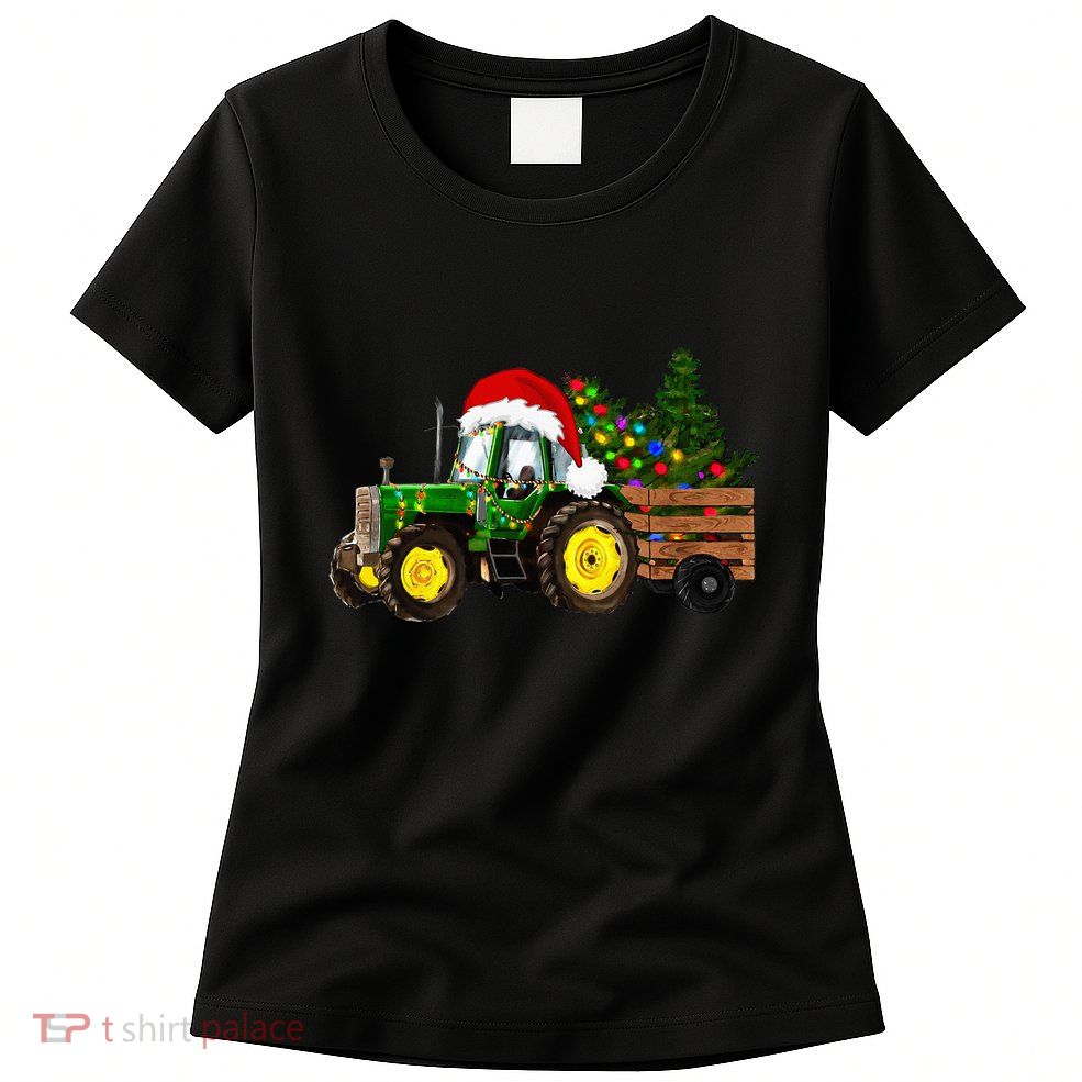 Farm Tractor Christmas Tree Lights Santa Womens T-Shirt