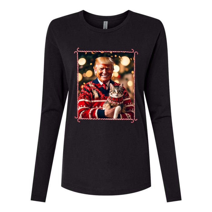 Funny Trump Christmas Sweater For Cat Lovers Womens Cotton Relaxed Long Sleeve T-Shirt