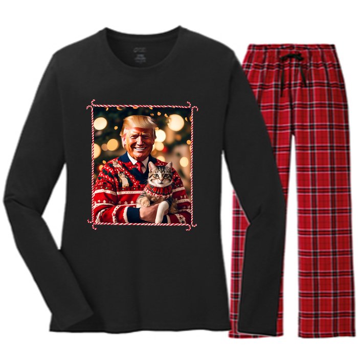 Funny Trump Christmas Sweater For Cat Lovers Women's Long Sleeve Flannel Pajama Set 