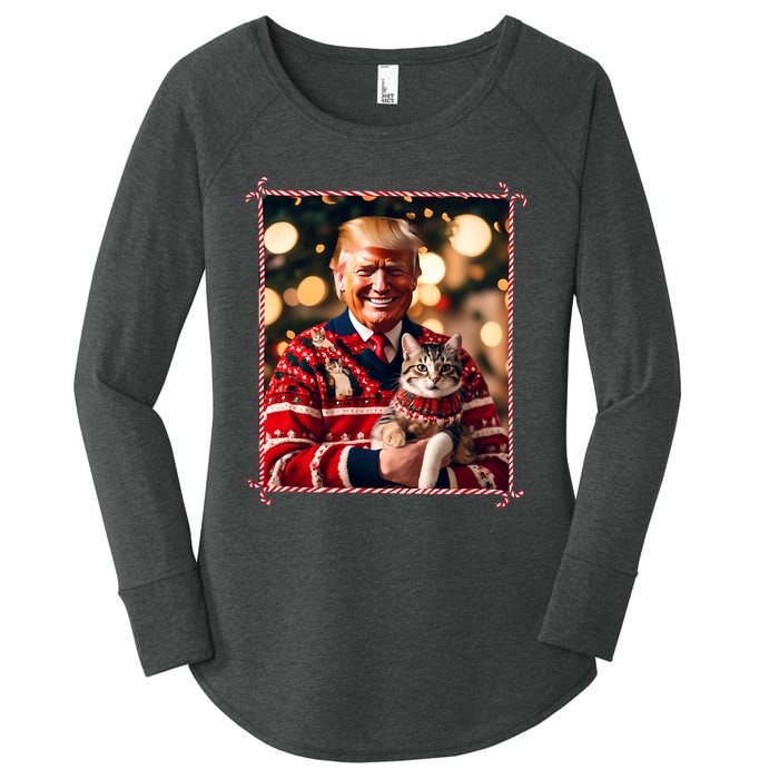 Funny Trump Christmas Sweater For Cat Lovers Women's Perfect Tri Tunic Long Sleeve Shirt