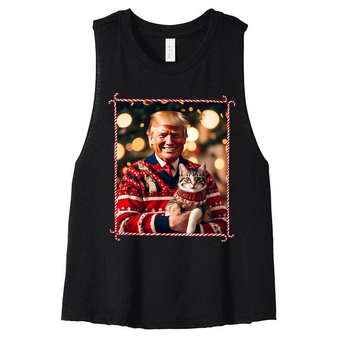 Funny Trump Christmas Sweater For Cat Lovers Women's Racerback Cropped Tank