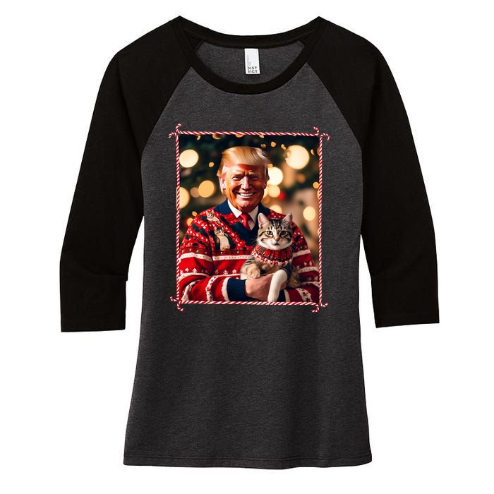 Funny Trump Christmas Sweater For Cat Lovers Women's Tri-Blend 3/4-Sleeve Raglan Shirt