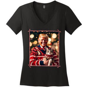 Funny Trump Christmas Sweater For Cat Lovers Women's V-Neck T-Shirt