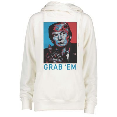 Funny Trump Cat Grab Em Vintage Retro Trump Gift Womens Funnel Neck Pullover Hood