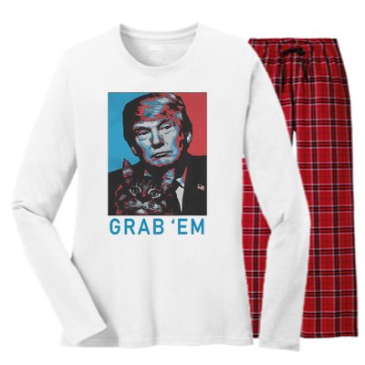 Funny Trump Cat Grab Em Vintage Retro Trump Gift Women's Long Sleeve Flannel Pajama Set 