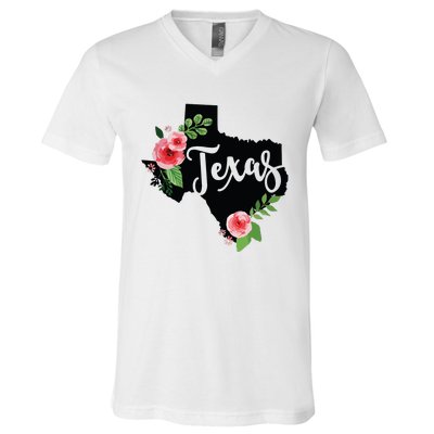 Floral Texas Chalkboard Watercolor Flowers Home State V-Neck T-Shirt