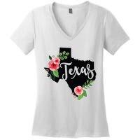 Floral Texas Chalkboard Watercolor Flowers Home State Women's V-Neck T-Shirt