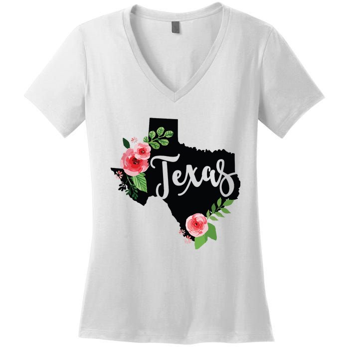 Floral Texas Chalkboard Watercolor Flowers Home State Women's V-Neck T-Shirt