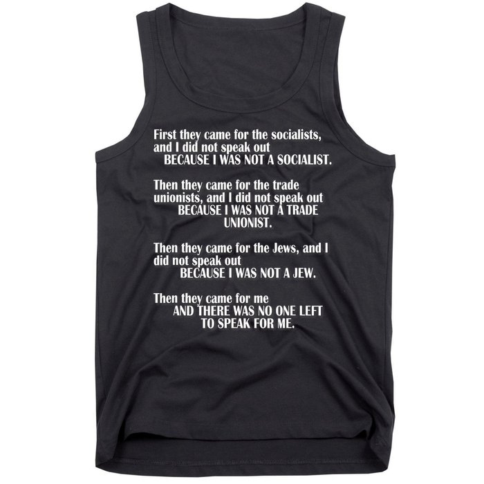 First They Came For The Socialists No One Left To Speak Poem  Tank Top