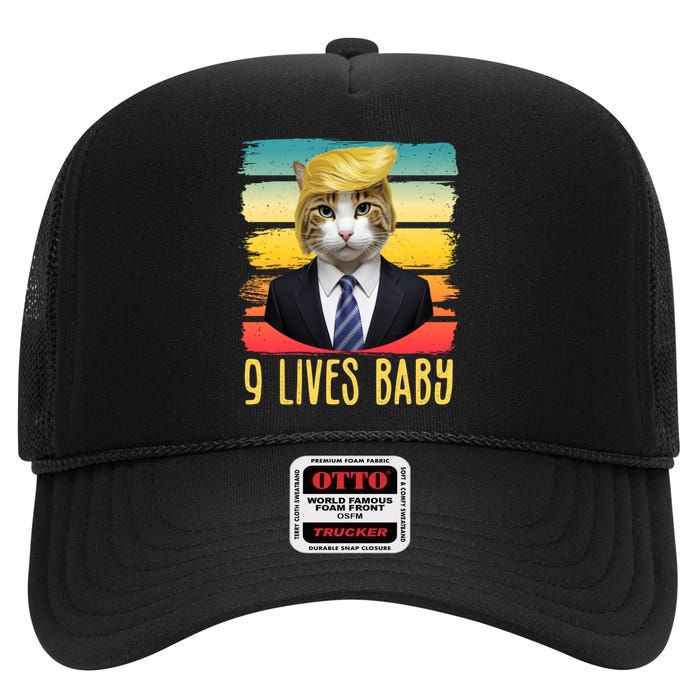 Funny Trump Cat 9 Lives Baby High Crown Mesh Back Trucker Hat