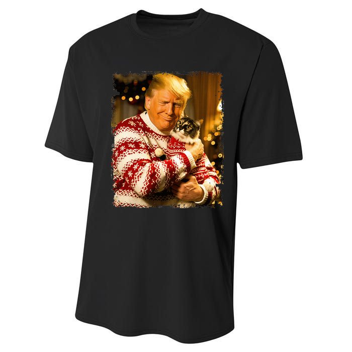 Funny Trump Christmas Sweater For Cat Lovers Xmas Pajamas Performance Sprint T-Shirt