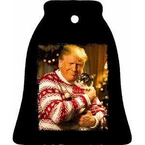 Funny Trump Christmas Sweater For Cat Lovers Xmas Pajamas Ceramic Bell Ornament