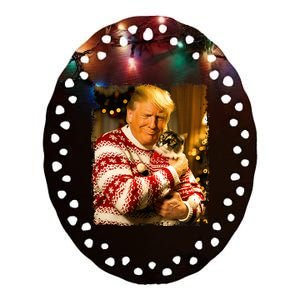 Funny Trump Christmas Sweater For Cat Lovers Xmas Pajamas Ceramic Oval Ornament