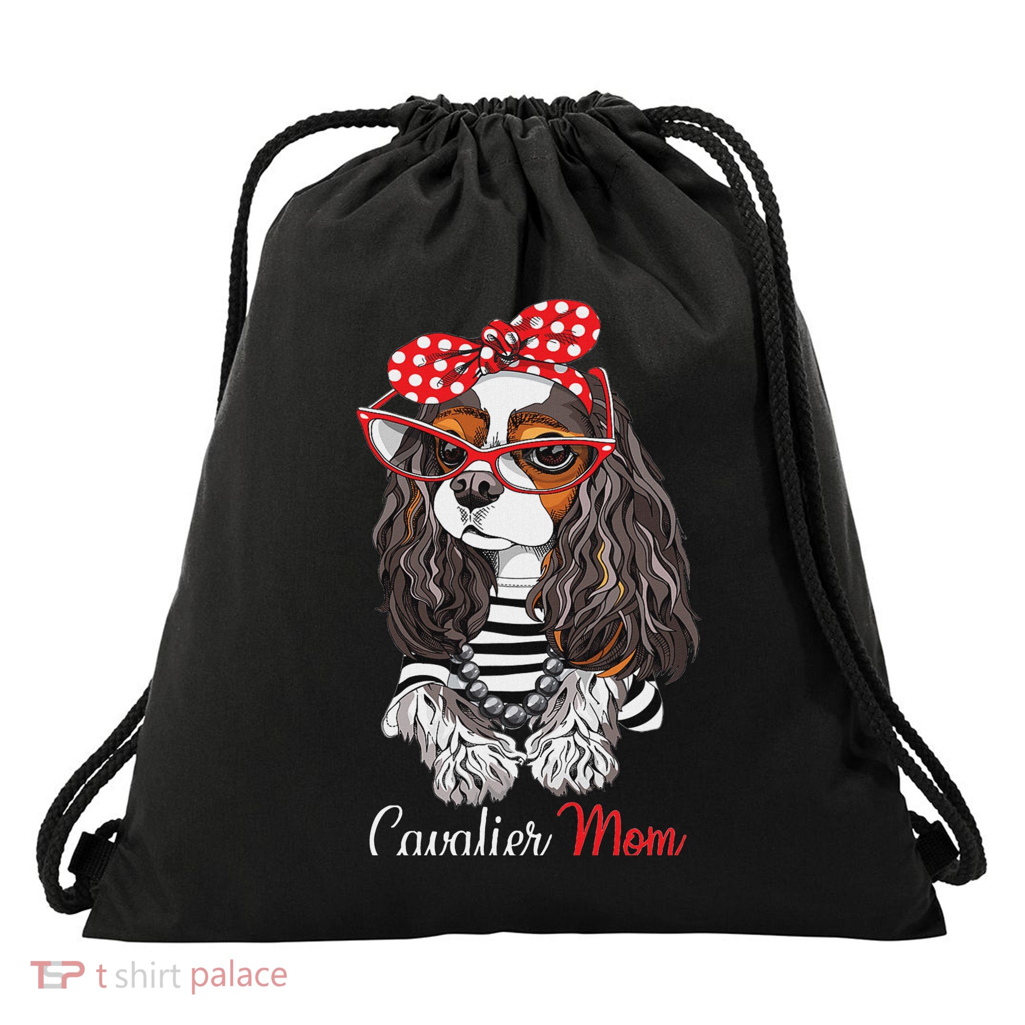 Funny Tricolor Cavalier King Charles Spaniel Mom Lover Drawstring Bag