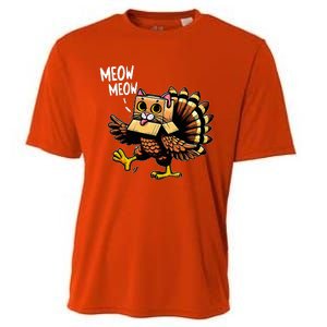 Funny Turkey Cat Meow Happy Thanksgiving Day Cooling Performance Crew T-Shirt