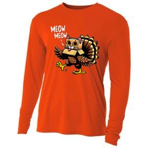 Funny Turkey Cat Meow Happy Thanksgiving Day Cooling Performance Long Sleeve Crew