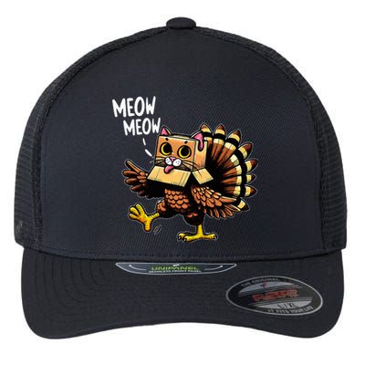 Funny Turkey Cat Meow Happy Thanksgiving Day Flexfit Unipanel Trucker Cap