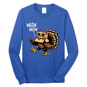 Funny Turkey Cat Meow Happy Thanksgiving Day Long Sleeve Shirt