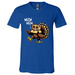 Funny Turkey Cat Meow Happy Thanksgiving Day V-Neck T-Shirt