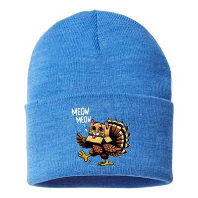 Funny Turkey Cat Meow Happy Thanksgiving Day Sustainable Knit Beanie