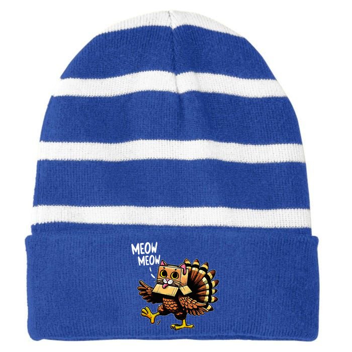 Funny Turkey Cat Meow Happy Thanksgiving Day Striped Beanie with Solid Band