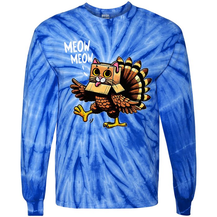 Funny Turkey Cat Meow Happy Thanksgiving Day Tie-Dye Long Sleeve Shirt