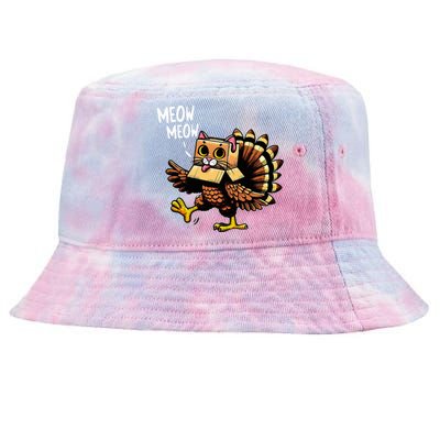 Funny Turkey Cat Meow Happy Thanksgiving Day Tie-Dyed Bucket Hat