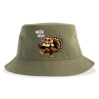 Funny Turkey Cat Meow Happy Thanksgiving Day Sustainable Bucket Hat