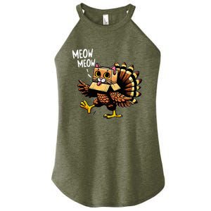 Funny Turkey Cat Meow Happy Thanksgiving Day Women's Perfect Tri Rocker Tank