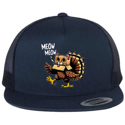 Funny Turkey Cat Meow Happy Thanksgiving Day Flat Bill Trucker Hat