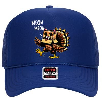 Funny Turkey Cat Meow Happy Thanksgiving Day High Crown Mesh Back Trucker Hat