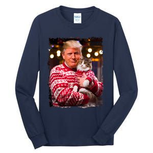 Funny Trump Christmas Sweater For Cat Lovers Xmas Pajamas Tall Long Sleeve T-Shirt