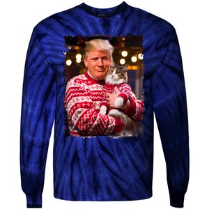 Funny Trump Christmas Sweater For Cat Lovers Xmas Pajamas Tie-Dye Long Sleeve Shirt