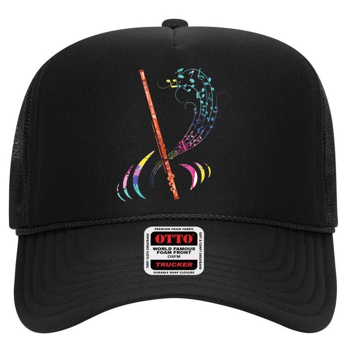 Flutist Treble Clef Classical Music Colorful Flute High Crown Mesh Back Trucker Hat