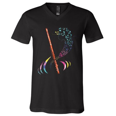 Flutist Treble Clef Classical Music Colorful Flute V-Neck T-Shirt