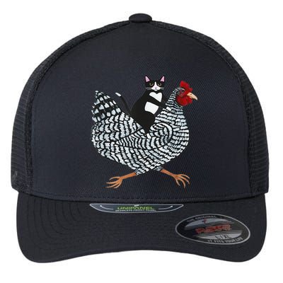 Funny Tuxedo Cat On A Chicken Funny Chicken Gifts Lover Tee Flexfit Unipanel Trucker Cap